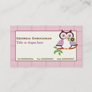 Cute spring owl on a branch, pink plaid border business card