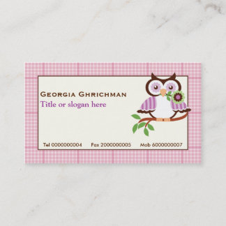 Cute spring owl on a branch, pink plaid border business card