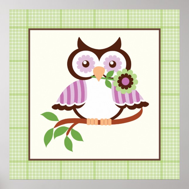 Cute spring owl on a branch poster print (Front)