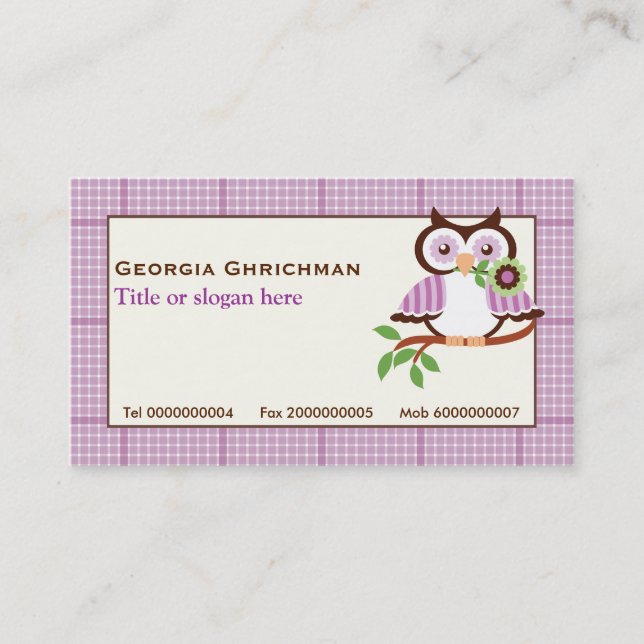 Cute spring owl on a branch, purple plaid border business card (Front)