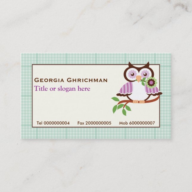 Cute spring owl  with mint green plaid border business card (Front)
