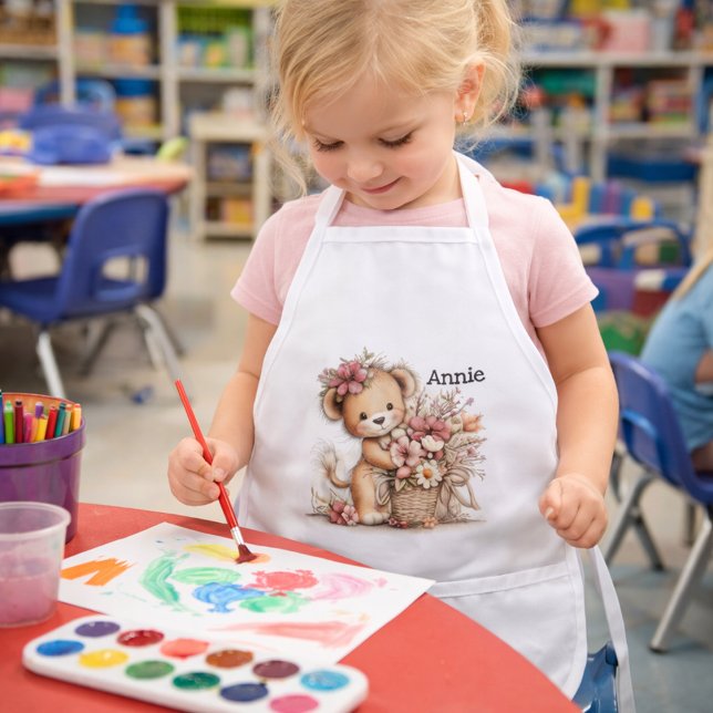Cute Spring Teddy Bear Illustration Kids Apron (Creator Uploaded)