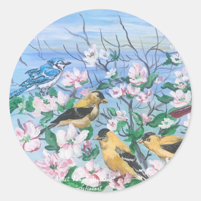  Cute Spring Time Birds Classic Round Sticker (Front)