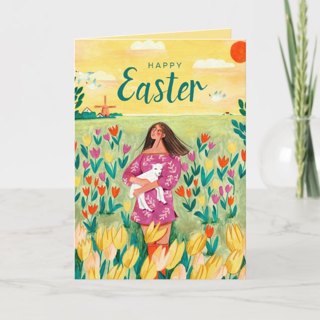 Cute spring woman in tulip field Easter  Holiday Card (Front)