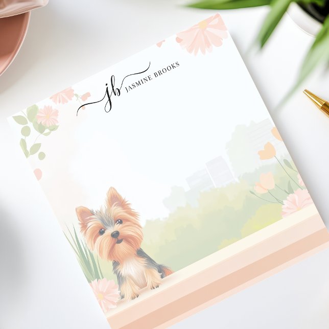 Cute Spring Yorkshire Terrier Floral Personalised Notepad (Creator Uploaded)