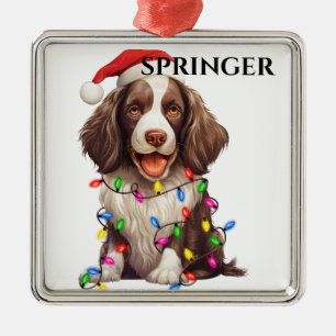 CUTE SPRINGER SPANIEL DOG WITH CHRISTMAS LIGHTS METAL ORNAMENT
