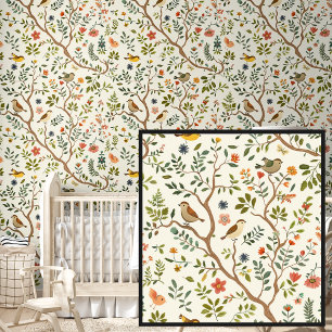 Cute Springtime Birds in Trees on Cream Wallpaper