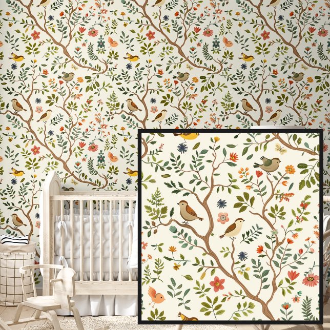 Cute Springtime Birds in Trees on Cream Wallpaper (Creator Uploaded)