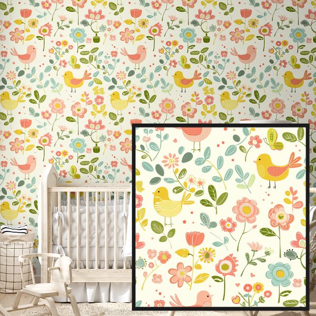 Cute Springtime Flowers & Birds on Cream Wallpaper (Creator Uploaded)