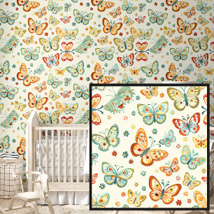 Cute Springtime Orange Green Butterflies on Cream Wallpaper