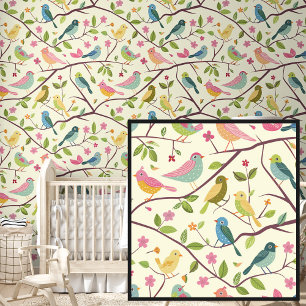 Cute Springtime Pink Yellow Birds on Cream Wallpaper