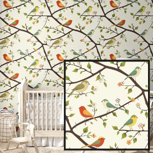 Cute Springtime Red Green Birds on Cream Wallpaper