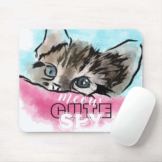 "CUTE SPY" | Funny Cute Kitten Pink Blue Mouse Pad (With Mouse)