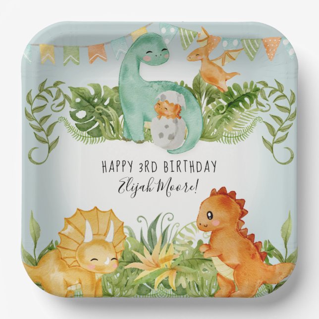 Cute Square Dinosaur Foliage 3rd Birthday Party Paper Plate (Front)