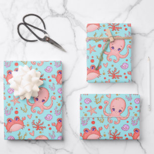 Cute Squid and Crab Marine Life Blue Wrapping Paper Sheet