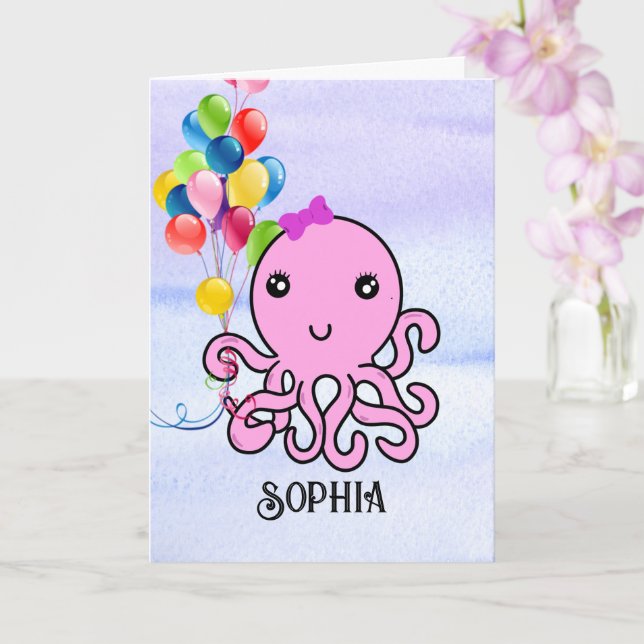 Cute Squid Birthday Personalise Name Age Octopus C Card (Orchid)