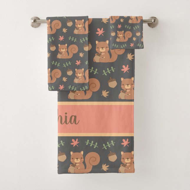 Cute Squirrel Acorn Autumn Leaves Pattern Name Bath Towel Set (Insitu)
