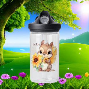 Cute squirrel add name flowers water bottle