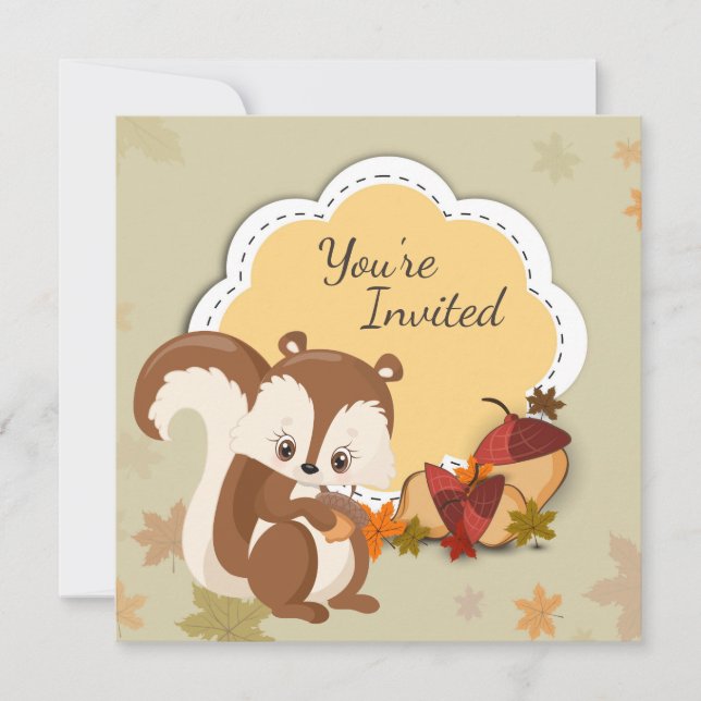 Cute Squirrel and Acorns Autumn Birthday Invite (Front)