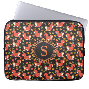 Cute Squirrel and Autumn Leaf Pattern Monogram Laptop Sleeve