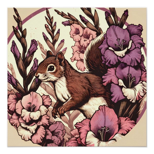 Cute Squirrel Art Nature Lovers Floral Squirrels   Poster (Front)
