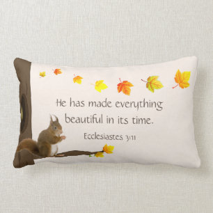 Cute Squirrel, Autumn Leaves & Bible Quote Lumbar Cushion