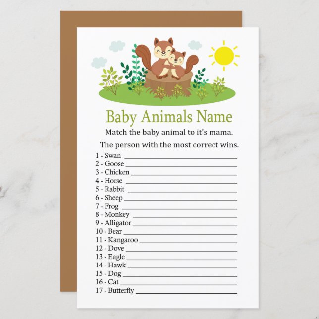 Cute Squirrel Baby Animals Name Game (Front/Back)