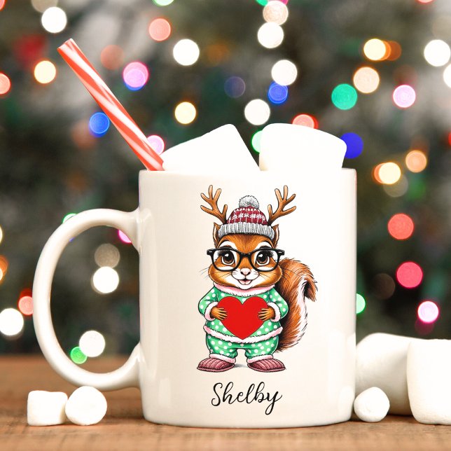 Cute Squirrel Christmas Custom Holiday Mug (Cute reindeer squirrel with Christmas personalized mug. )