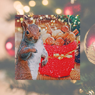 Cute Squirrel Christmas Nuts Holiday 15 Cm Square Badge