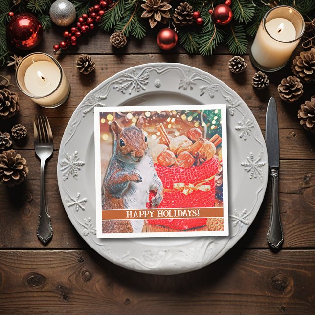 Cute Squirrel Christmas Nuts Napkin (A cute squirrel in front of the Christmas tree makes a sweet custom cocktail napkin for your party.)