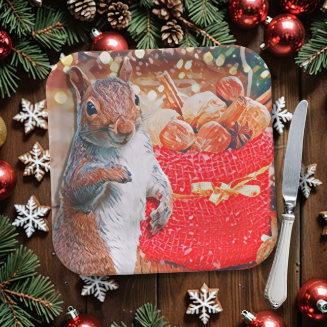 Cute Squirrel Christmas Nuts Paper Plate (Look out! If your Christmas plates include nuts of any kind, this squirrel may ask for one (or all)!)