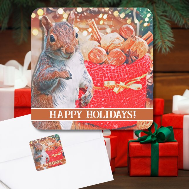 Cute Squirrel Christmas Nuts Square Sticker (A cute squirrel in front of the Christmas tree makes for a sweet custom sticker for holiday cards!)