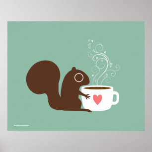 Cute Squirrel Coffee Lover   Whimsical Animal Art Poster