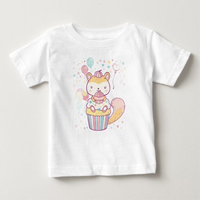 Cute Squirrel Cupcake Party Baby T-Shirt (Front)