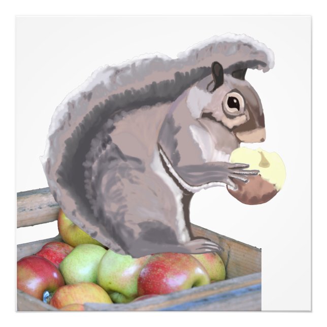 Cute Squirrel Eating an Apple on a Apple Crate  Photo Print (Front)