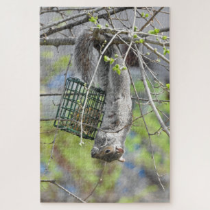 Cute Squirrel Hanging Upside Down Eating Suet Jigsaw Puzzle