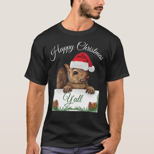 Cute Squirrel Happy Christmas Santa Hat Design T-Shirt (Front)