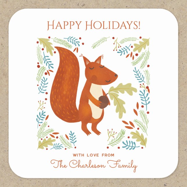 Cute Squirrel Happy Holidays Personalised Square Sticker (Fun Squirrel Happy Holidays personalized sticker)