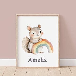 Cute Squirrel Holding A Rainbow Modern Nursery Poster