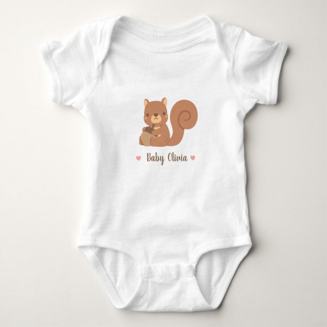 Cute Squirrel Holding Acorn Baby Girl Baby Bodysuit (Front)