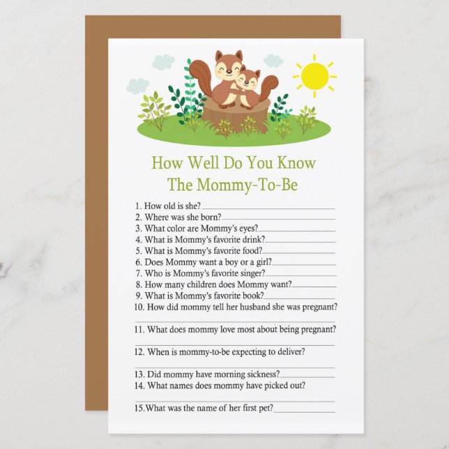 Cute Squirrel How well do you know baby showergame (Front/Back)