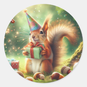 Cute Squirrel in Birthday Hat   Classic Round Sticker