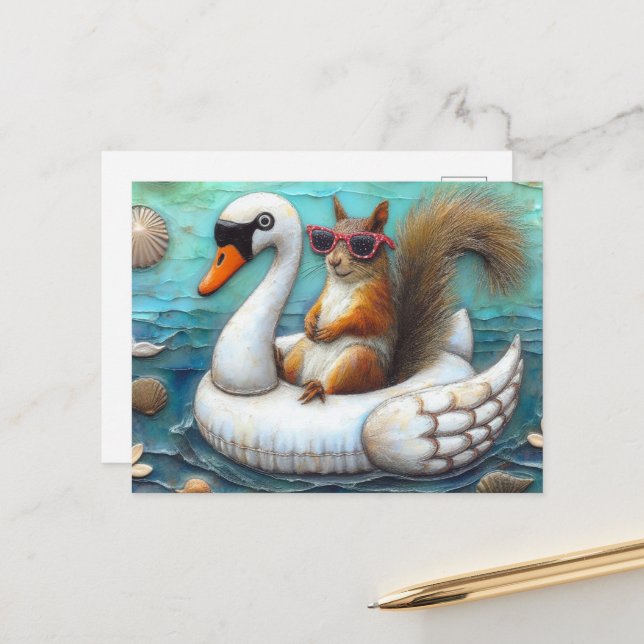Cute Squirrel on a Swan Floatie Postcard (Front/Back In Situ)