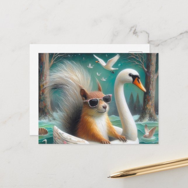 Cute Squirrel on a Swan Floatie with Swans Flying Postcard (Front/Back In Situ)