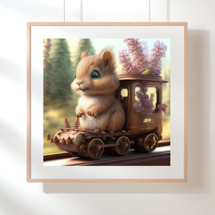 Cute Squirrel on a Train Personalised Art Nursery Poster