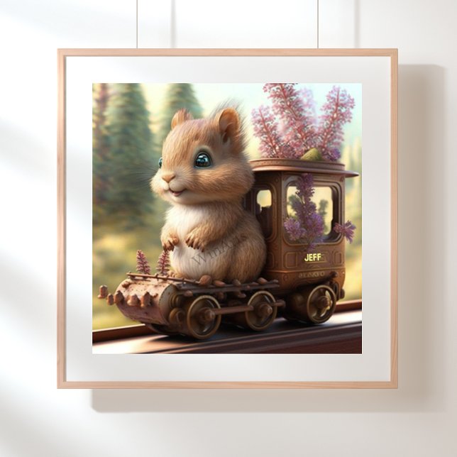 Cute Squirrel on a Train Personalised Art Nursery Poster (Creator Uploaded)