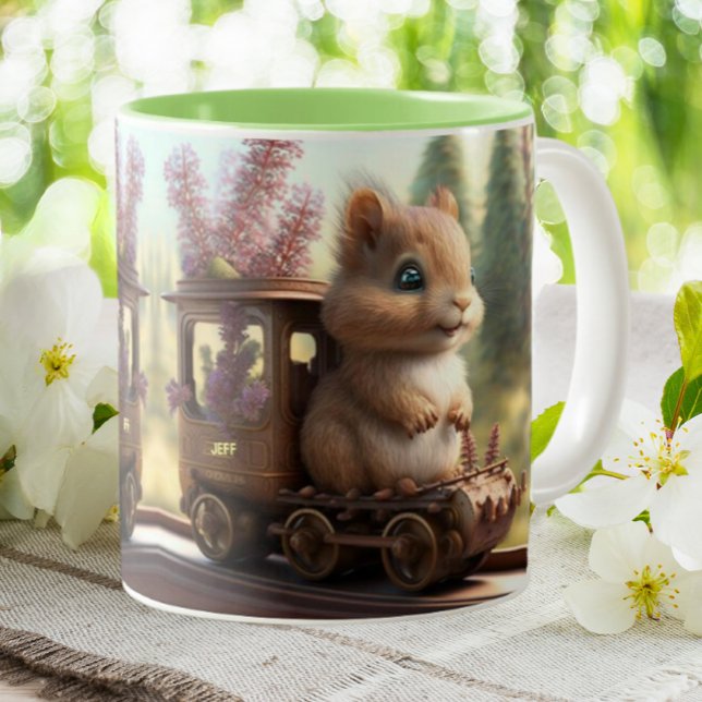 Cute Squirrel on a Train Personalised  Two-Tone Coffee Mug (Creator Uploaded)