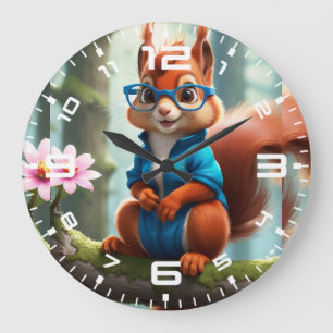 Cute Squirrel on the Branch of Tree Large Clock