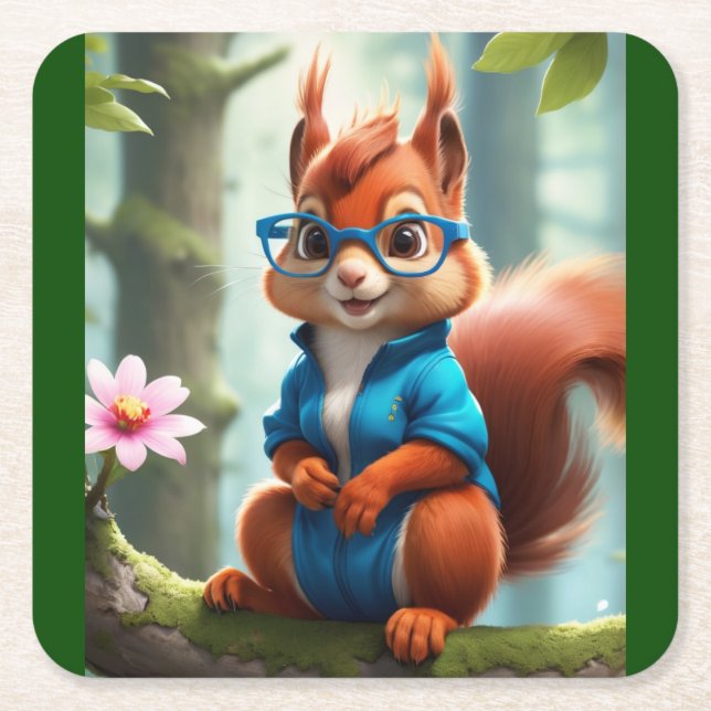 Cute Squirrel on the Branch of Tree Square Paper Coaster (Front)