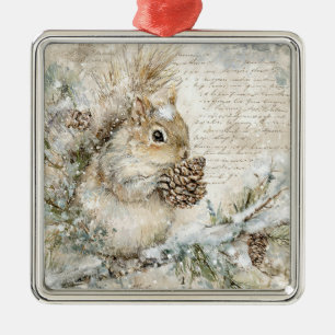 Cute squirrel on the pine branch. Vintage. Metal Ornament